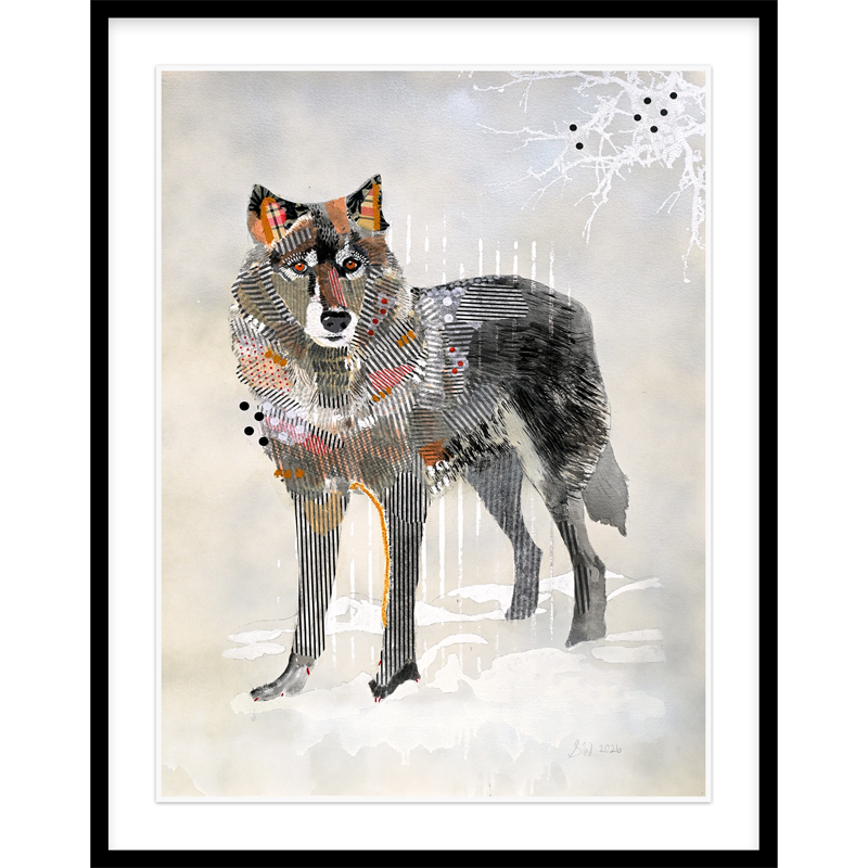 Samantha Walrod, Wolf Pause, 2026, Mixed Media on Paper, 40x30, Newzones, Calgary, Canada